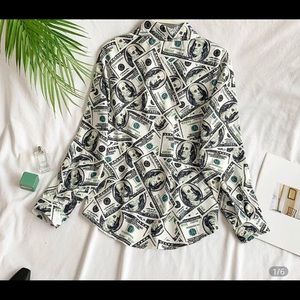 Money inspired button down blouse
